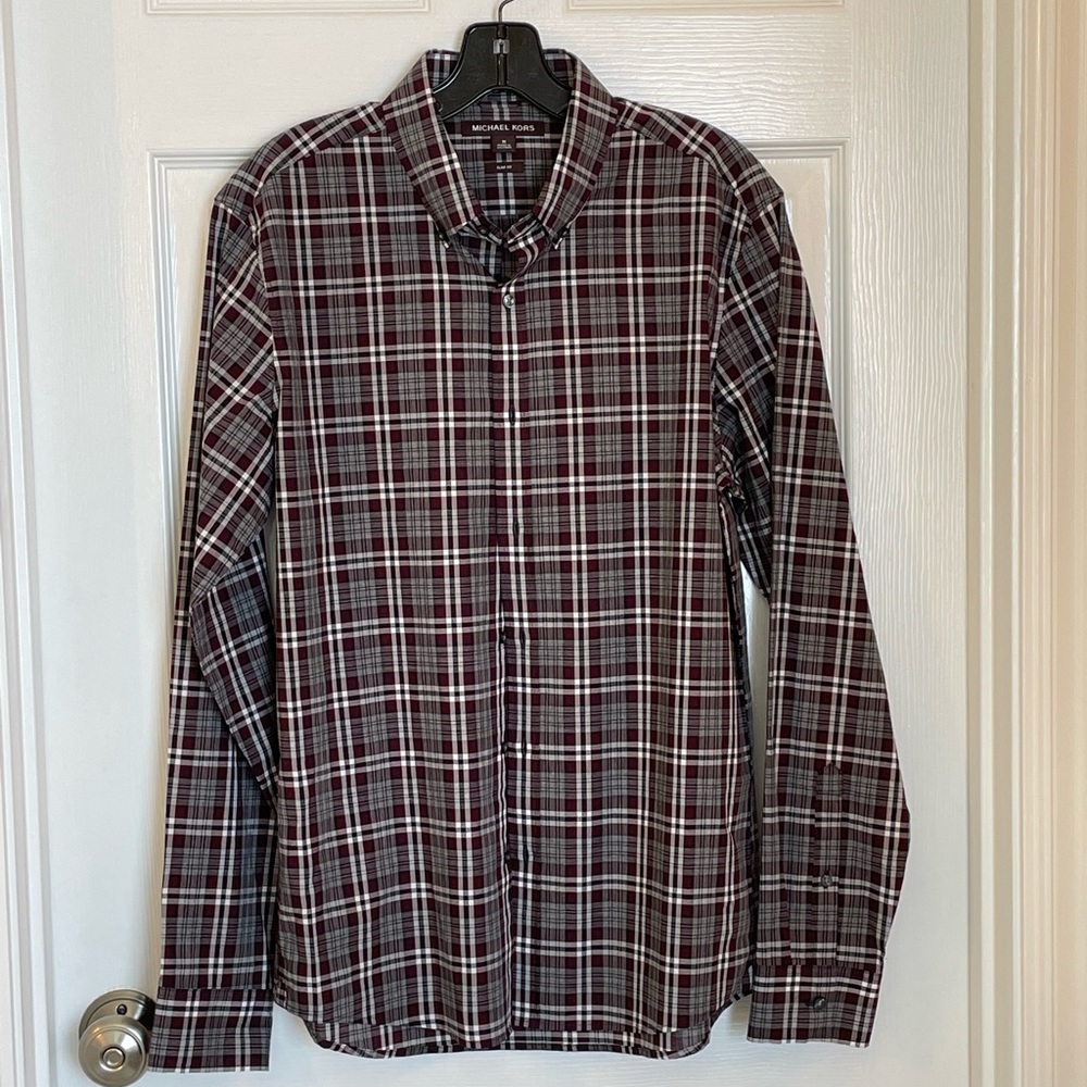NWOT - Michael Kors 100% cotton maroon-plaid button down shirt